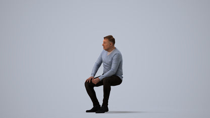 3D people model man casual sitting, scanned human for 3ds Max rendering, three-quarter view render