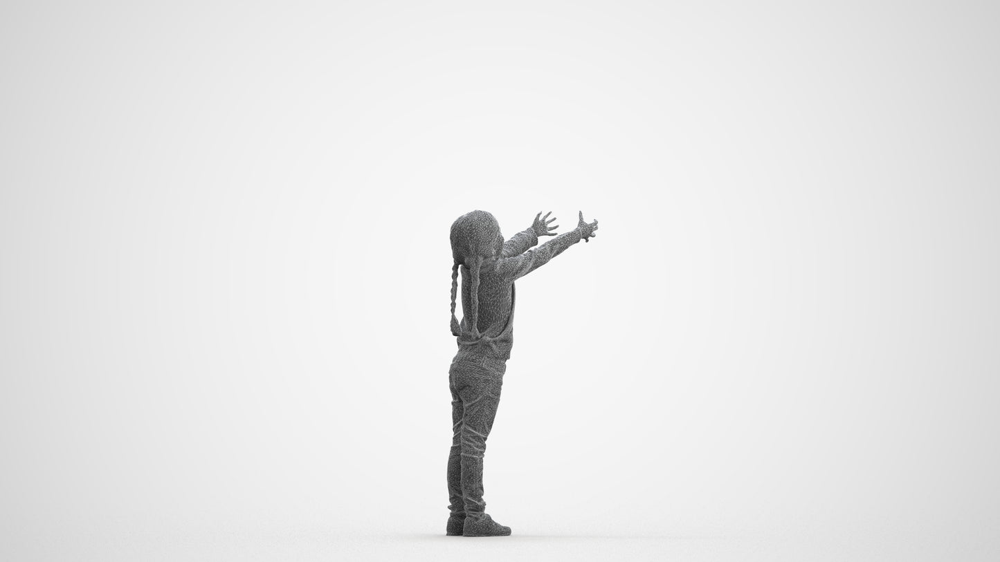 3D human model girl casual kids, photogrammetry scanned person for archviz, wireframe front view