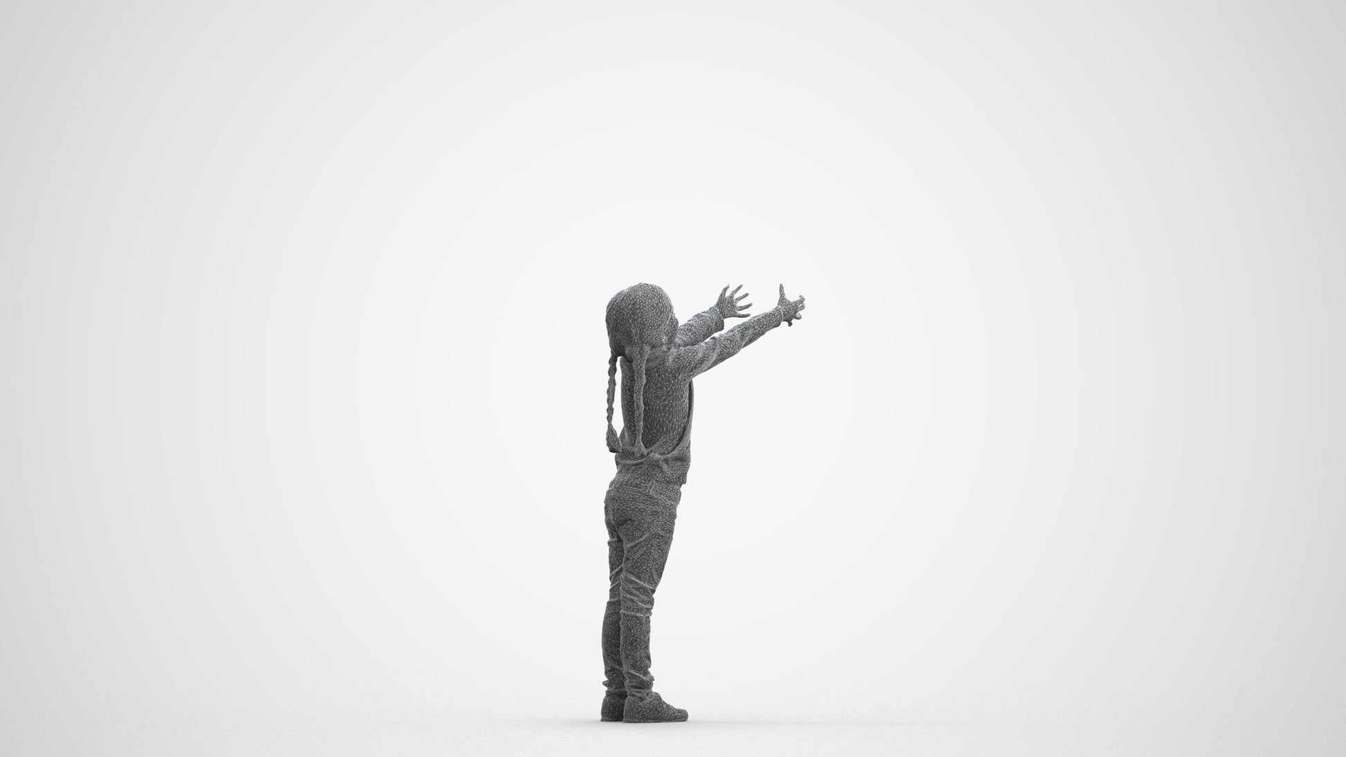 3D human model girl casual kids, photogrammetry scanned person for archviz, wireframe front view