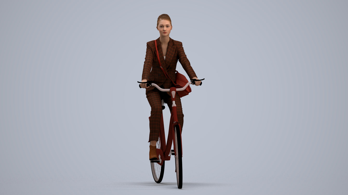 3D human model woman business cycling, photogrammetry scanned person for archviz, standing pose render