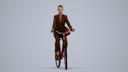 3D human model woman business cycling, photogrammetry scanned person for archviz, standing pose render
