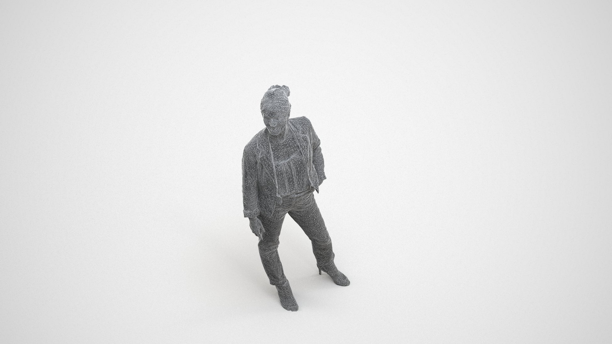realistic 3D woman business standing, scanned archviz people for Blender and 3ds Max, wireframe three-quarter view