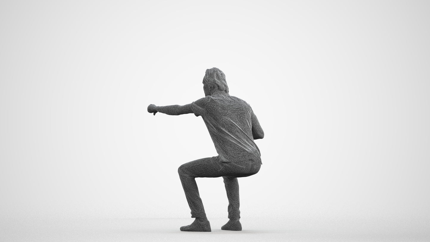 realistic 3D man casual sitting, scanned archviz people for Blender and 3ds Max, wireframe front view