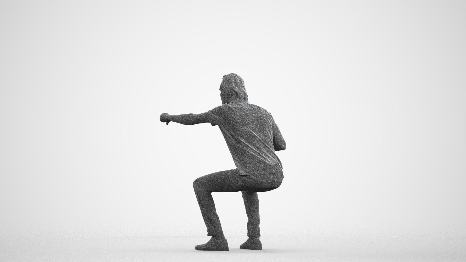 realistic 3D man casual sitting, scanned archviz people for Blender and 3ds Max, wireframe front view