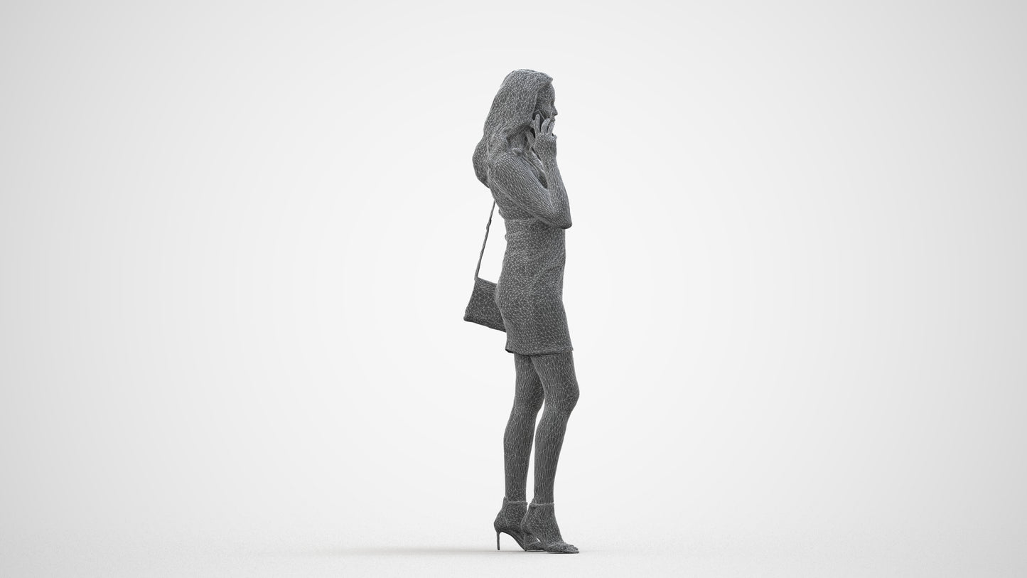 3D human model woman casual standing, photogrammetry scanned person for archviz, wireframe side view