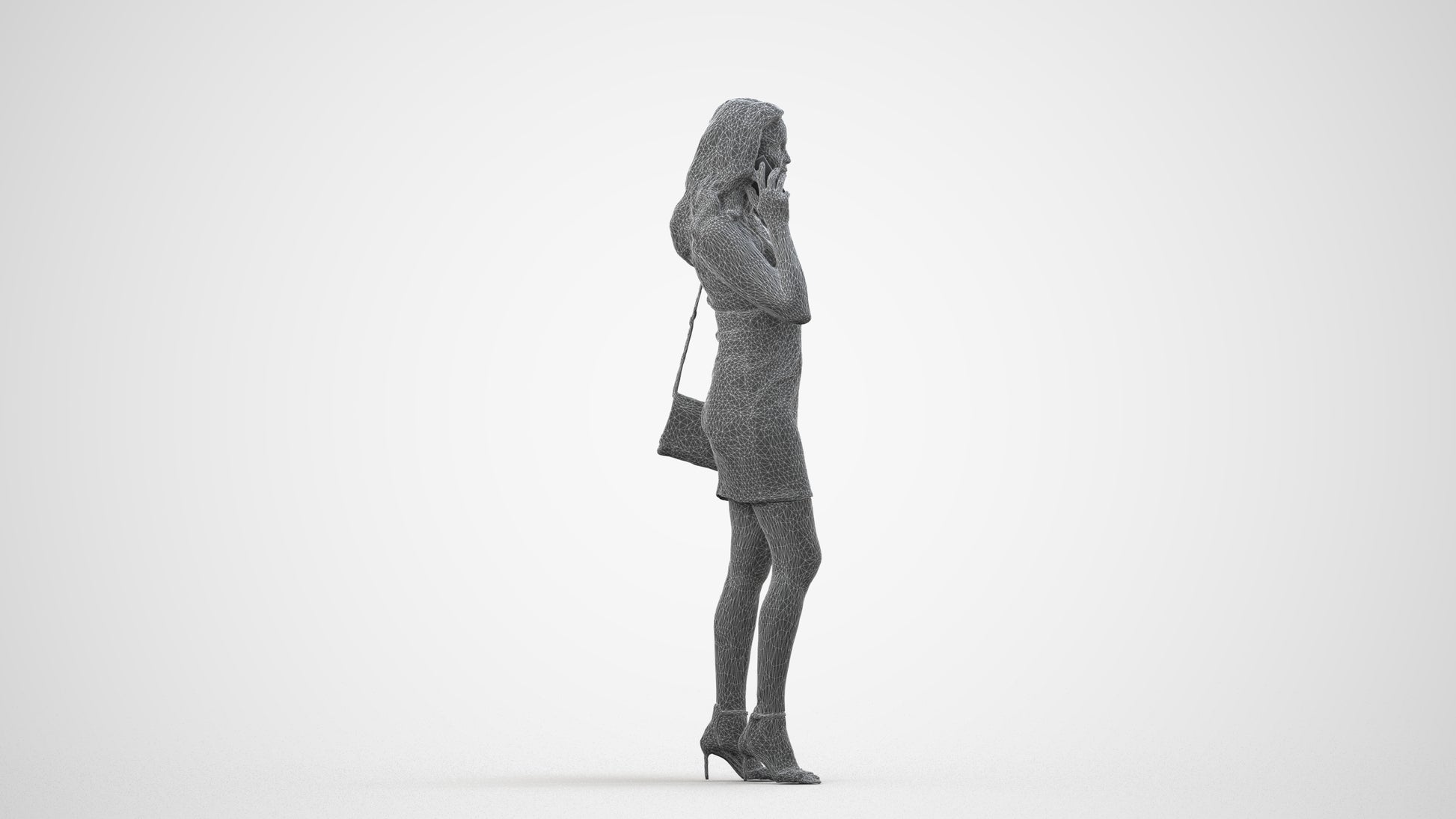 3D human model woman casual standing, photogrammetry scanned person for archviz, wireframe side view