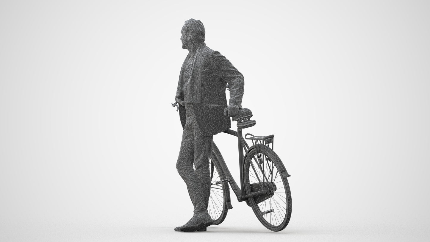 3D human model man business cycling, photogrammetry scanned person for archviz, square thumbnail