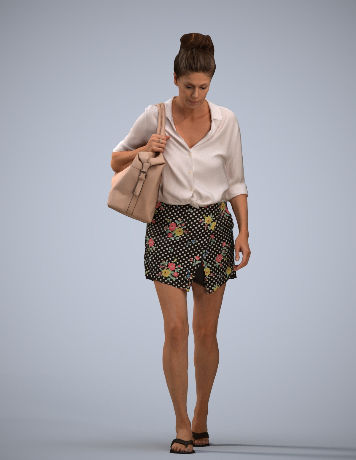 3D human model woman casual walking, photogrammetry scanned person for archviz