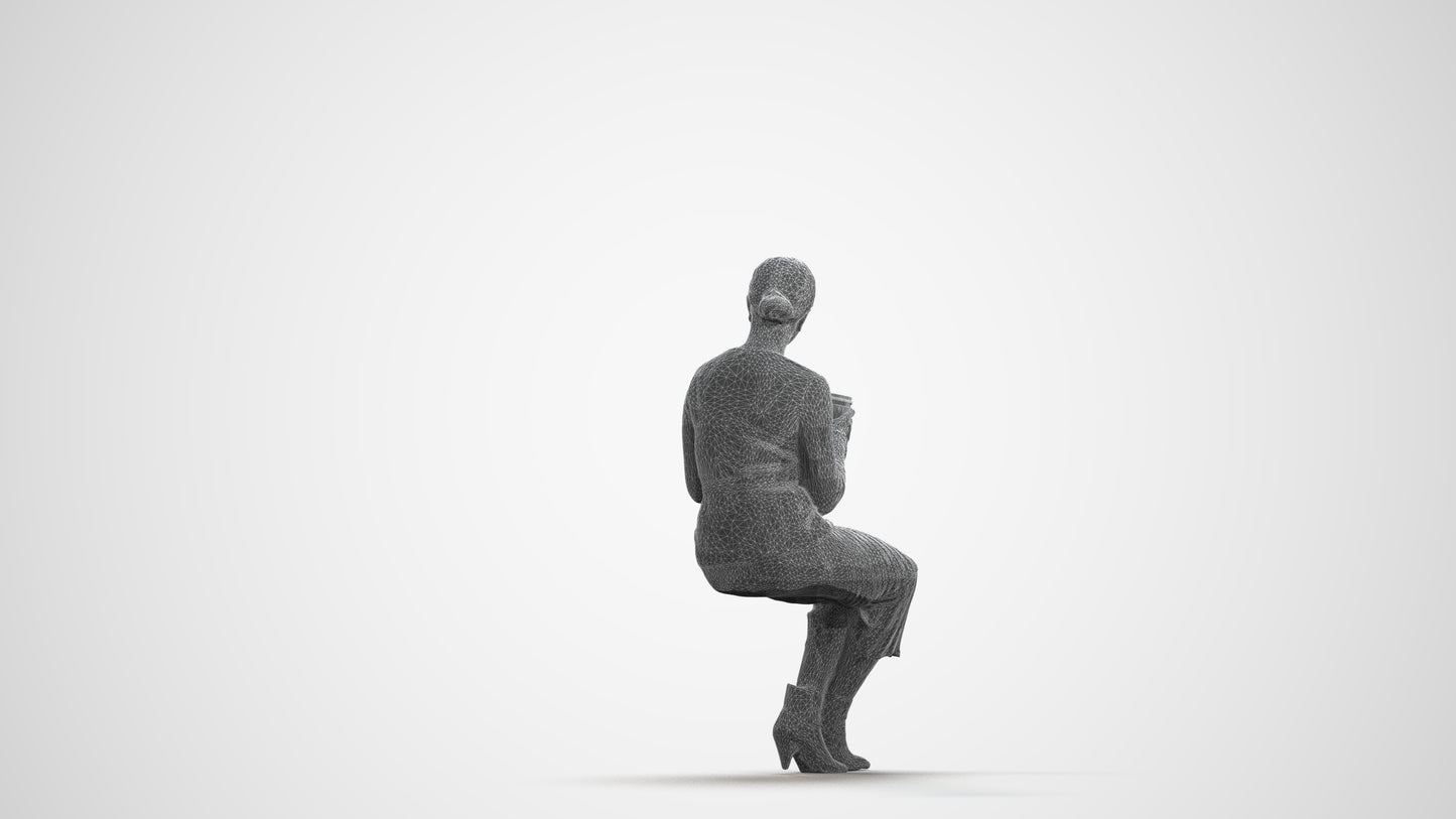 3D scanned woman sitting casual, photorealistic archviz people for Enscape and SketchUp, wireframe front view