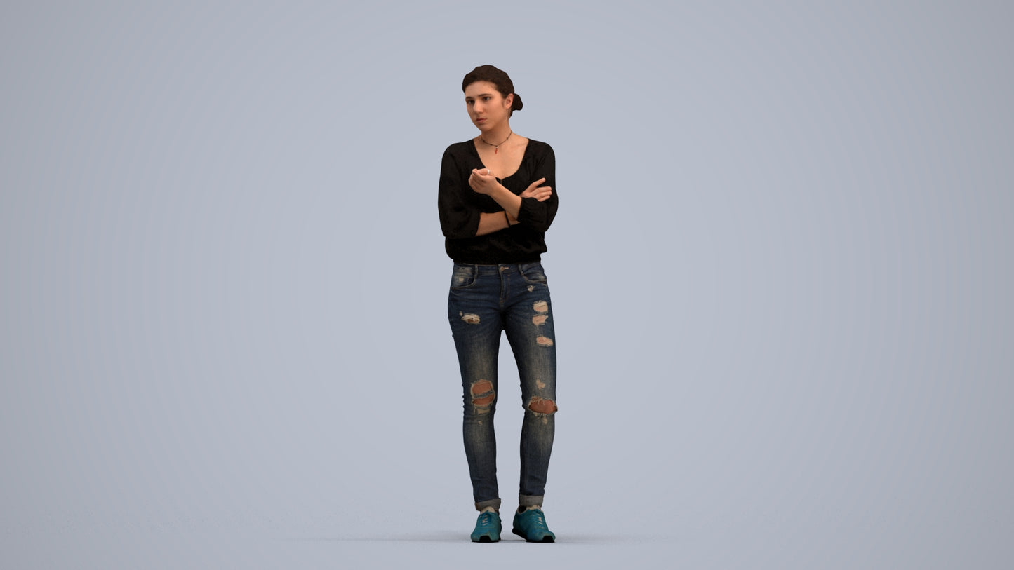 3D human model woman casual standing, photogrammetry scanned person for archviz, standing pose render