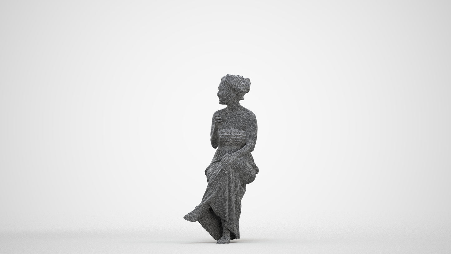 photogrammetry 3D woman casual sitting, realistic human model archviz FBX, three-quarter front view render