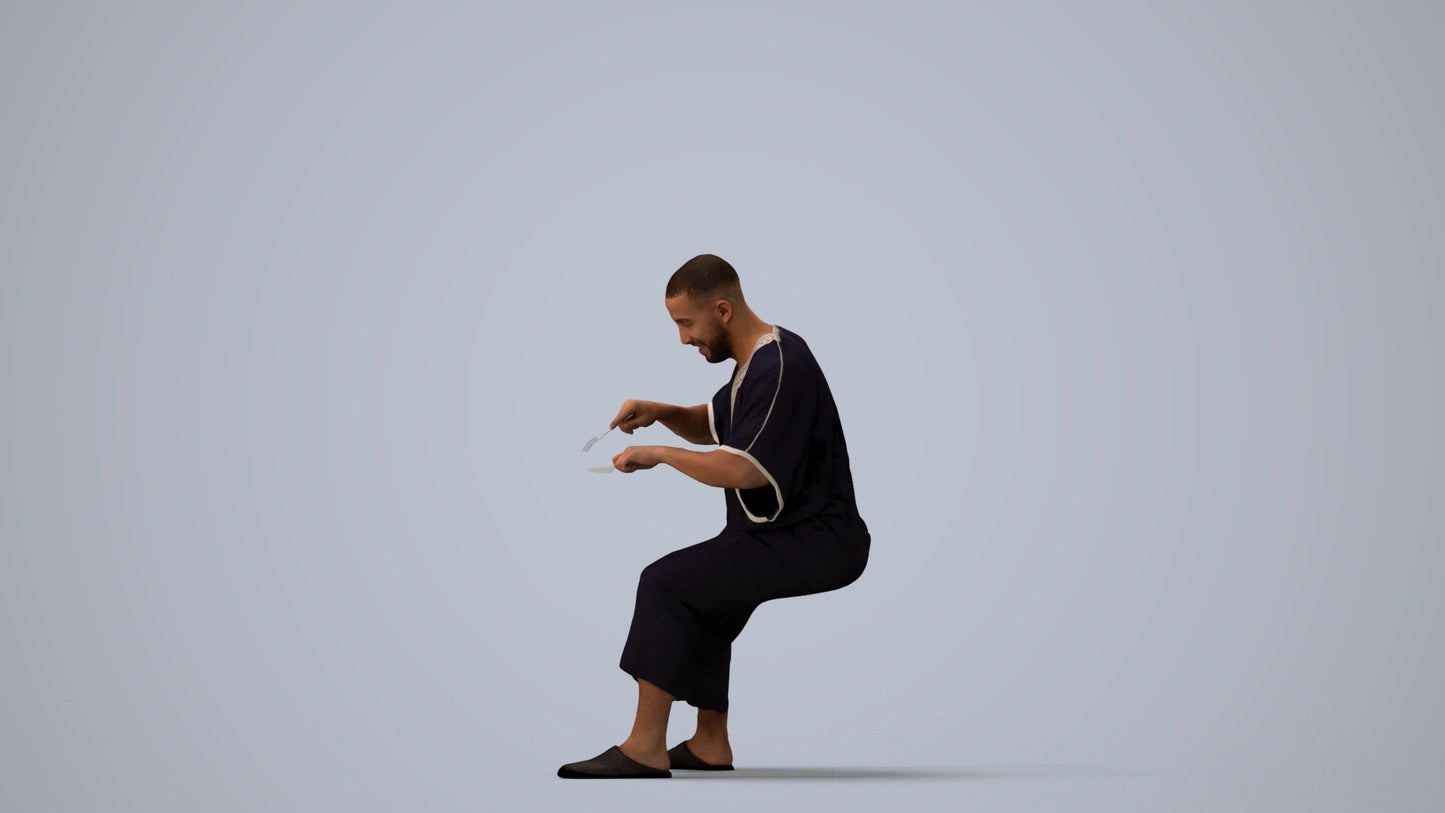 realistic 3D man sitting, scanned archviz people for Blender and 3ds Max, three-quarter view render