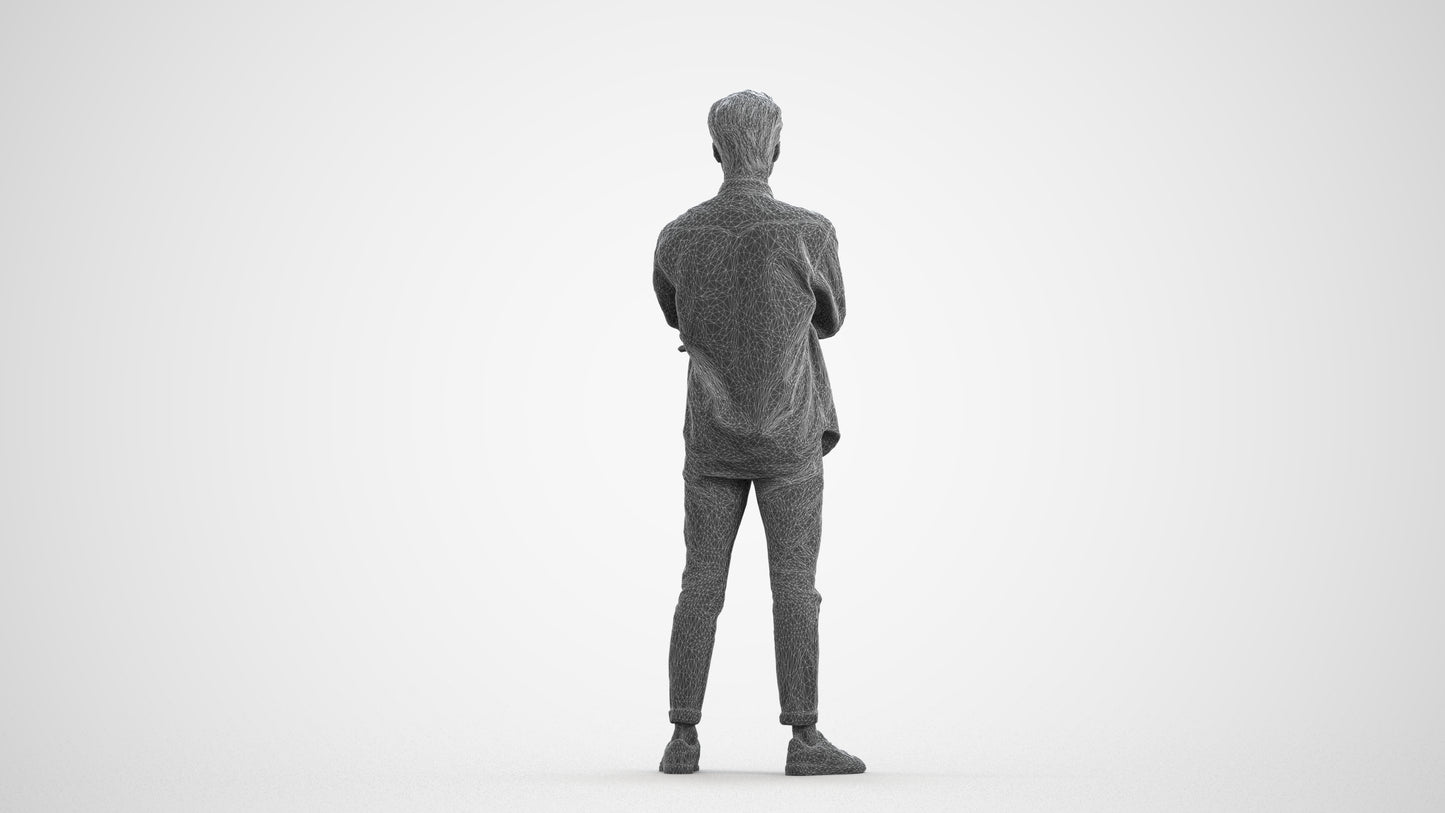 3D people model man casual standing, scanned human for 3ds Max rendering, wireframe front view