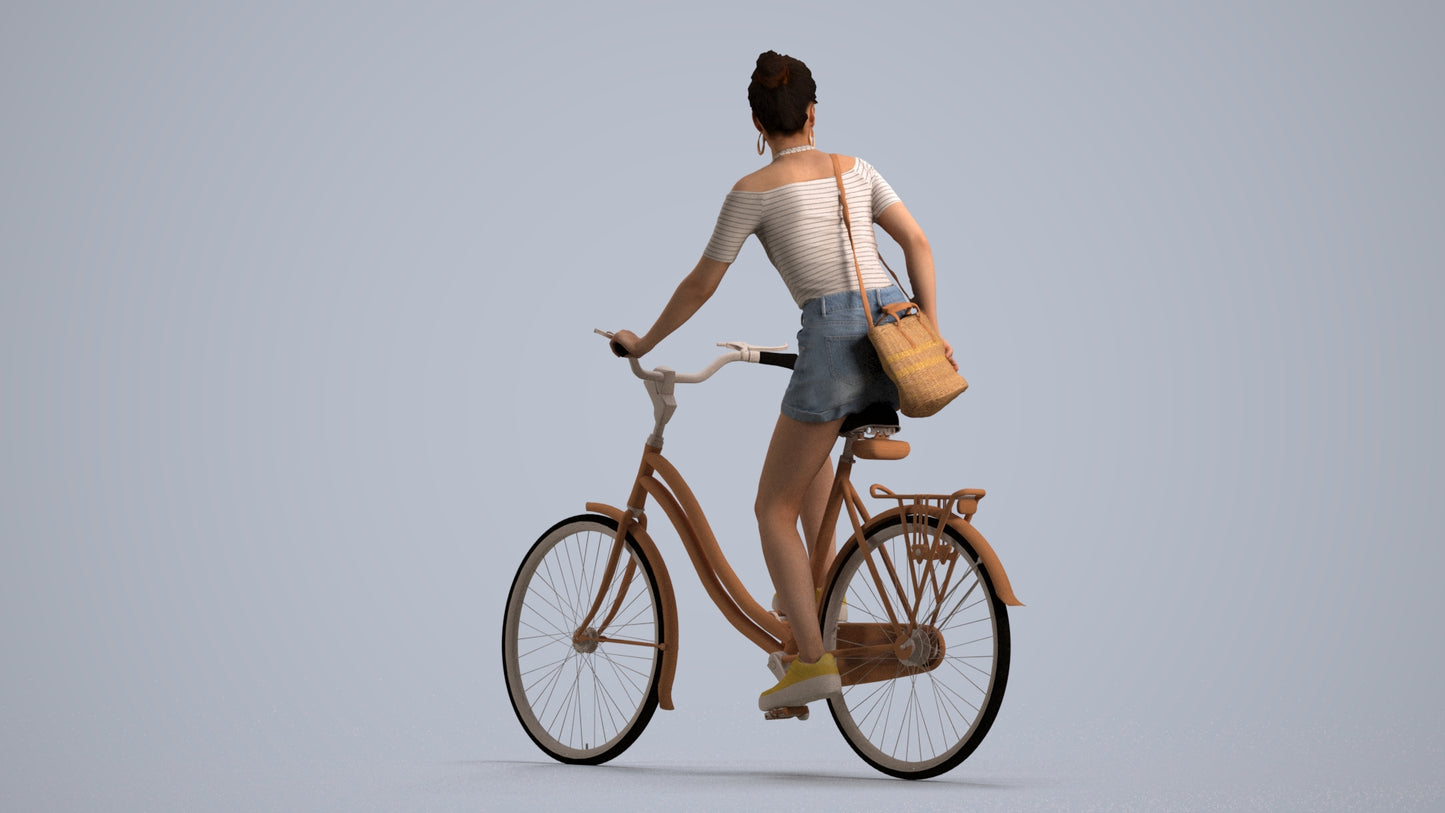 realistic 3D human woman casual cycling, archviz people FBX OBJ for Blender, front view render