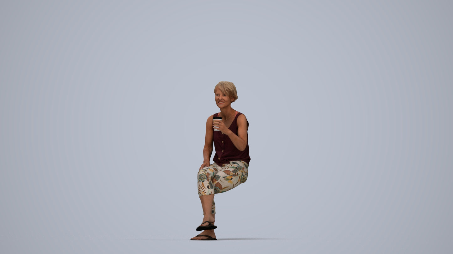 3D human model senior woman sitting, photogrammetry scanned person for archviz, top-down view render