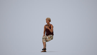 3D human model senior woman sitting, photogrammetry scanned person for archviz, top-down view render