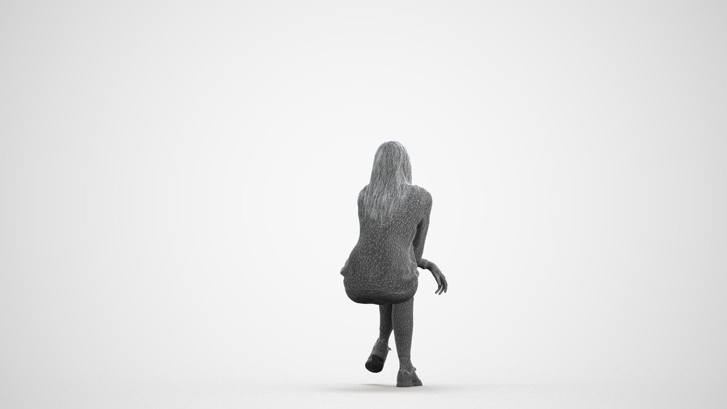 3D people model woman casual sitting, scanned human for 3ds Max rendering, wireframe front view