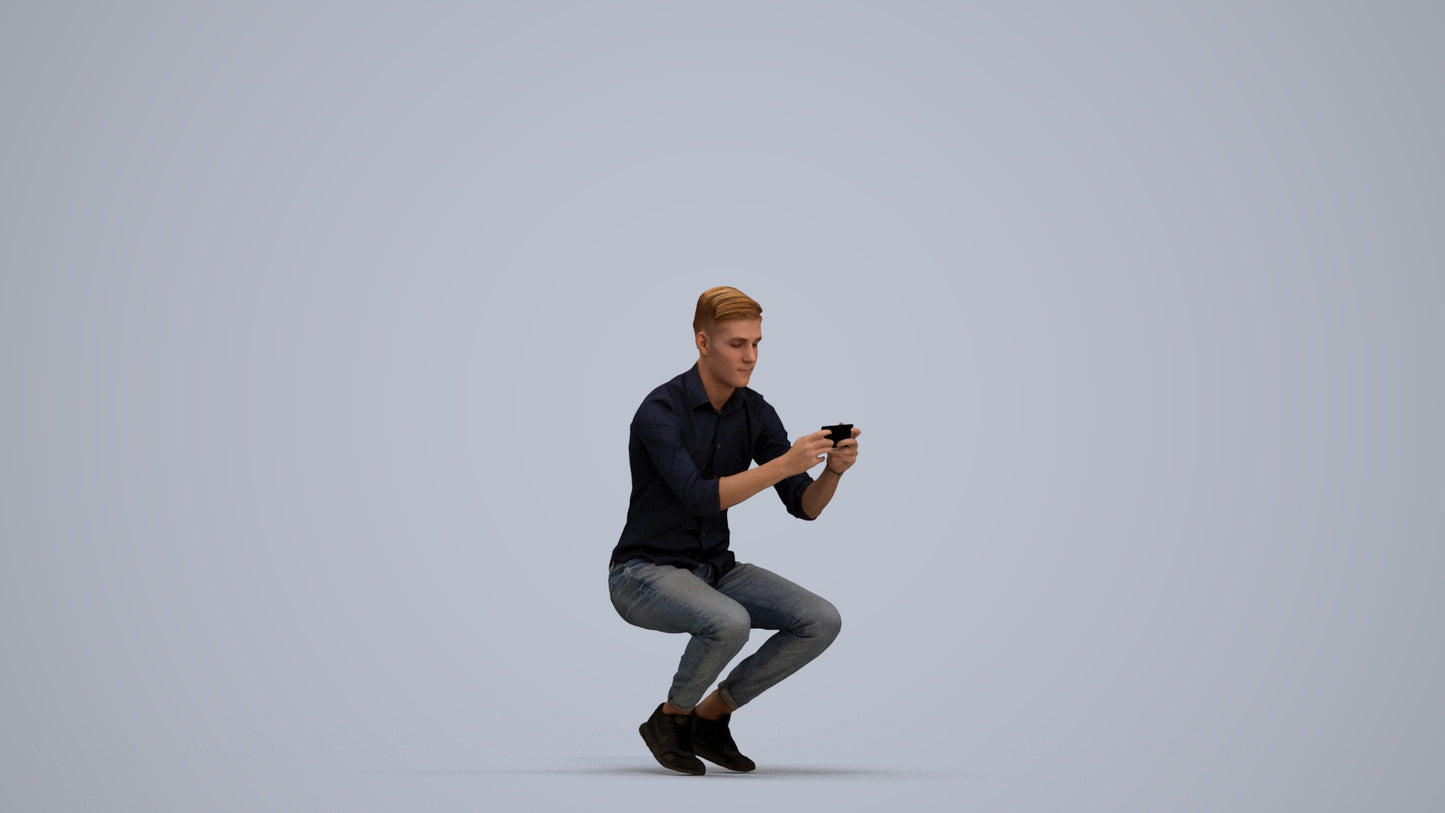 realistic 3D man casual sitting, scanned archviz people for Blender and 3ds Max, standing pose render