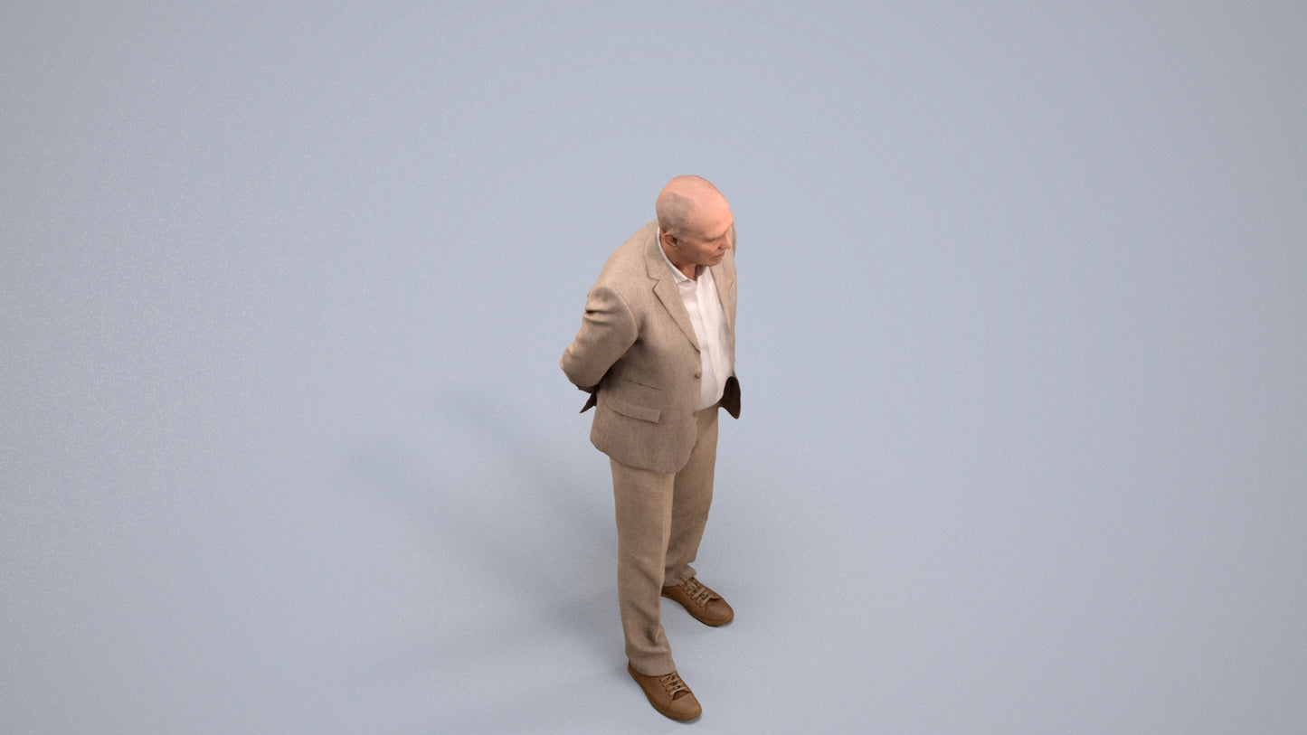 realistic 3D senior man business standing, scanned archviz people for Blender and 3ds Max, back view render