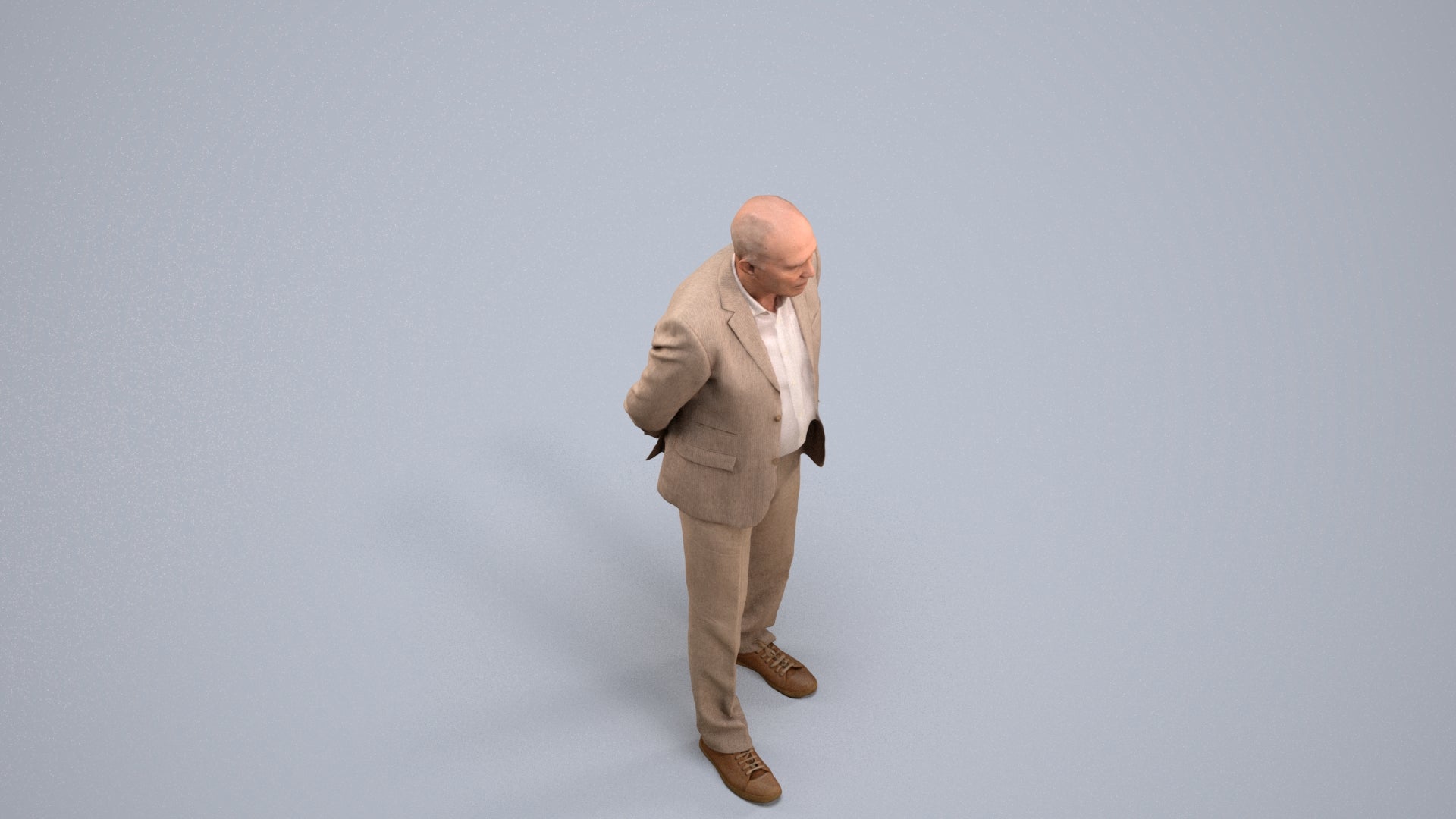 realistic 3D senior man business standing, scanned archviz people for Blender and 3ds Max, back view render