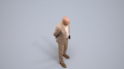 realistic 3D senior man business standing, scanned archviz people for Blender and 3ds Max, back view render