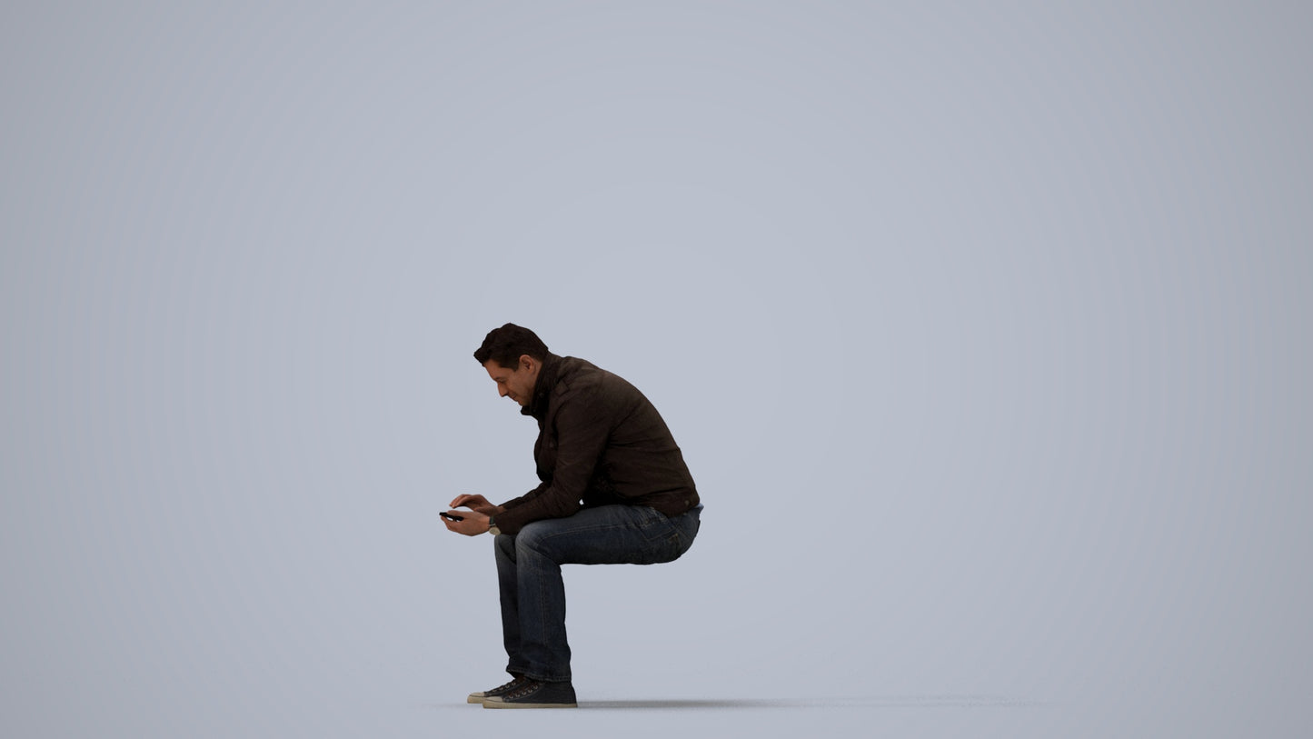 realistic 3D human man casual sitting, archviz people FBX OBJ for Blender, three-quarter view render