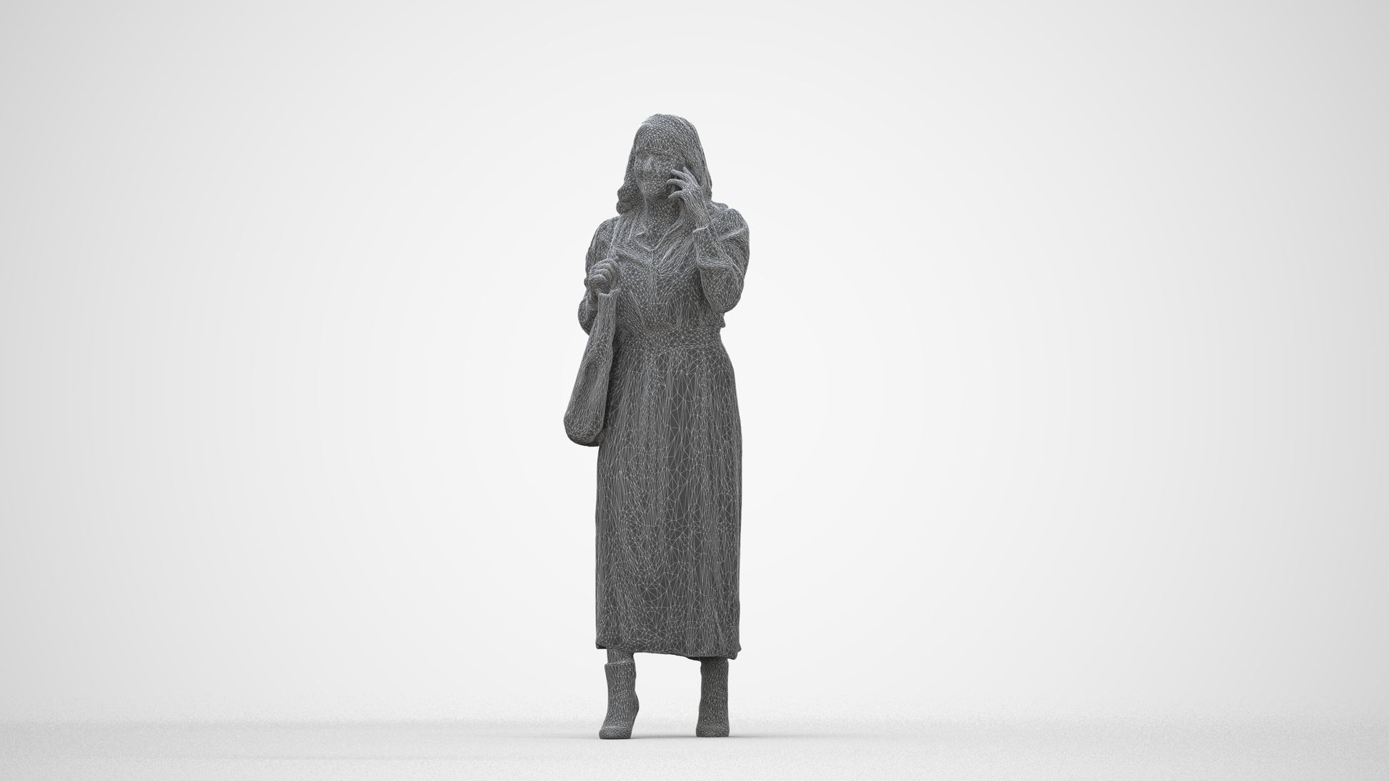 3D human model woman casual walking, photogrammetry scanned person for archviz, wireframe back view