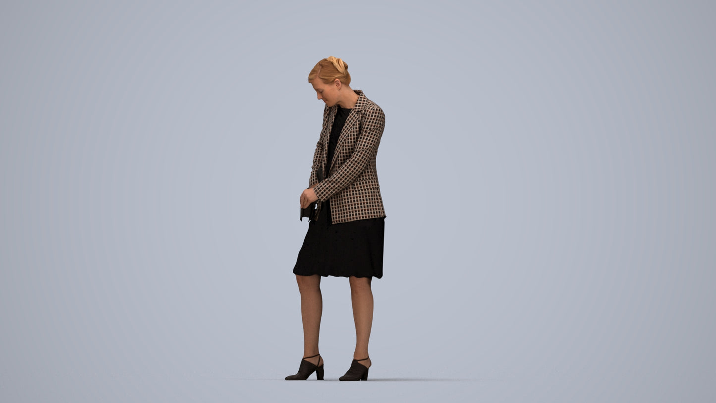 photogrammetry 3D woman business standing, realistic human model archviz FBX, top-down view render
