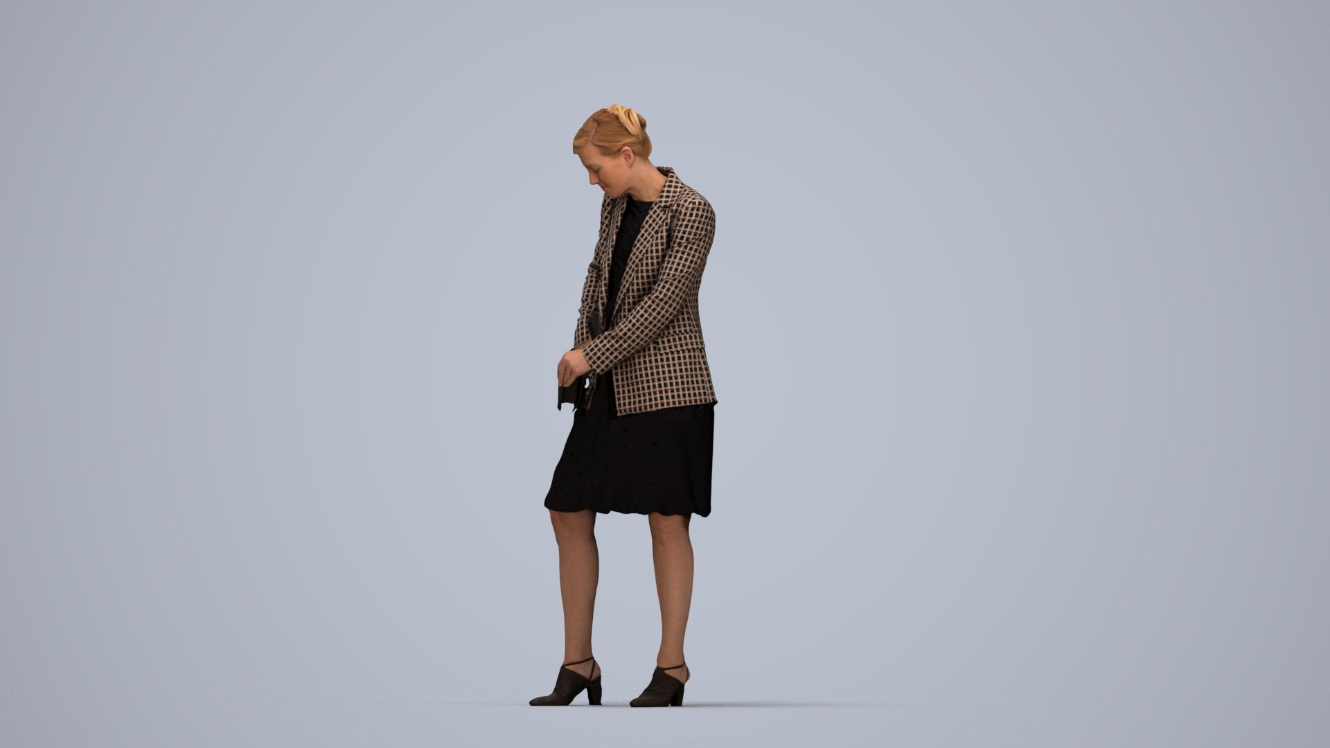 photogrammetry 3D woman business standing, realistic human model archviz FBX, top-down view render