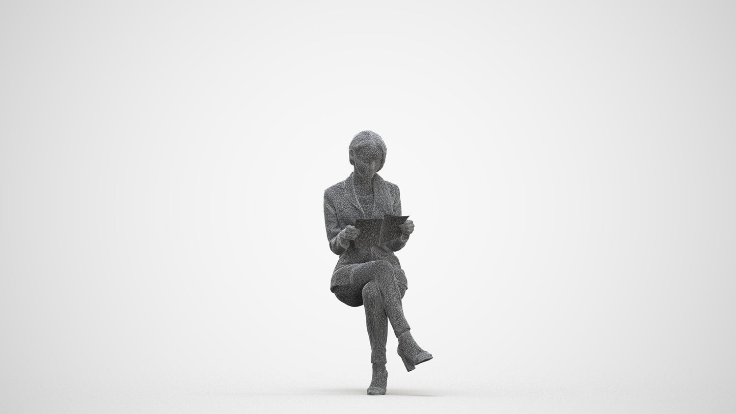 3D people model woman casual sitting, scanned human for 3ds Max rendering, three-quarter front view render