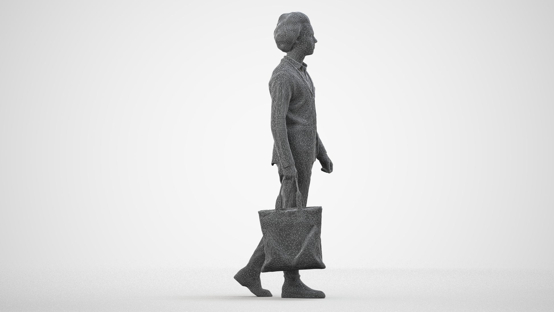 3D human model man business walking, photogrammetry scanned person for archviz, wireframe side view