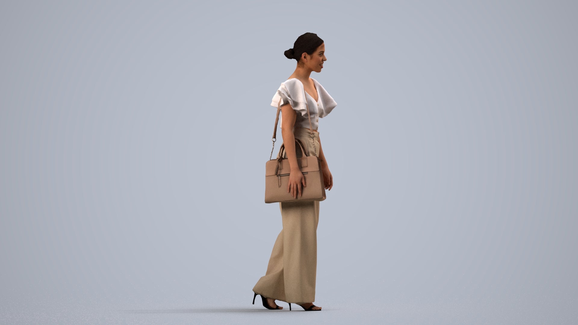 3D scanned woman walking business, photorealistic archviz people for Enscape and SketchUp, side view render