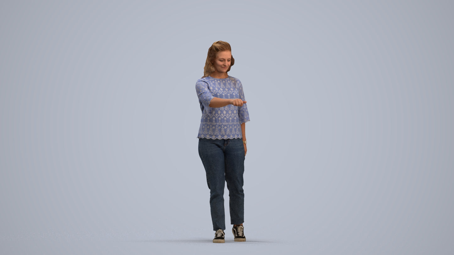 3D human model woman casual mix, photogrammetry scanned person for archviz, standing pose render