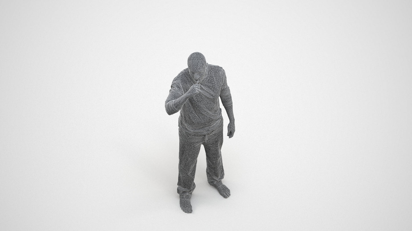 3D people model man bathroom, scanned human for 3ds Max rendering, wireframe three-quarter view