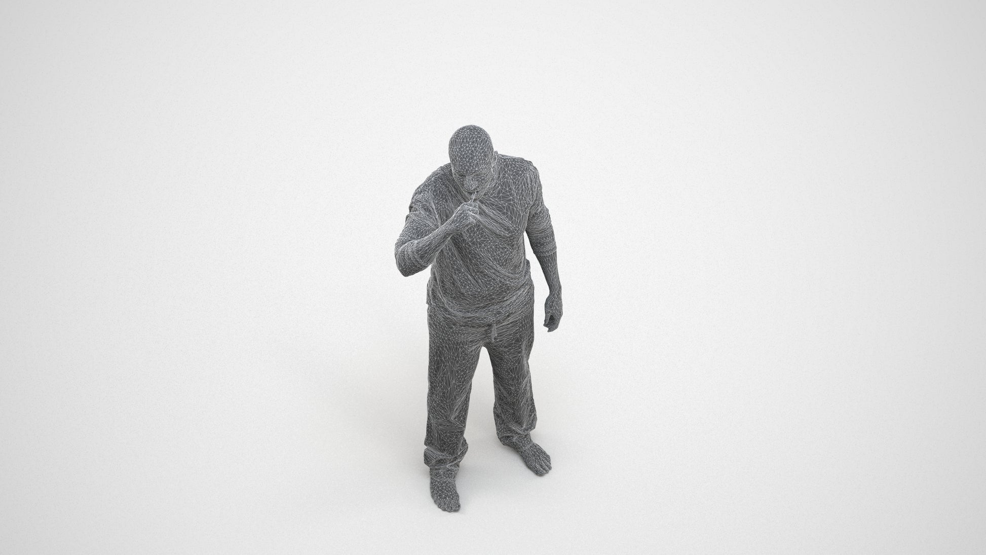 3D people model man bathroom, scanned human for 3ds Max rendering, wireframe three-quarter view