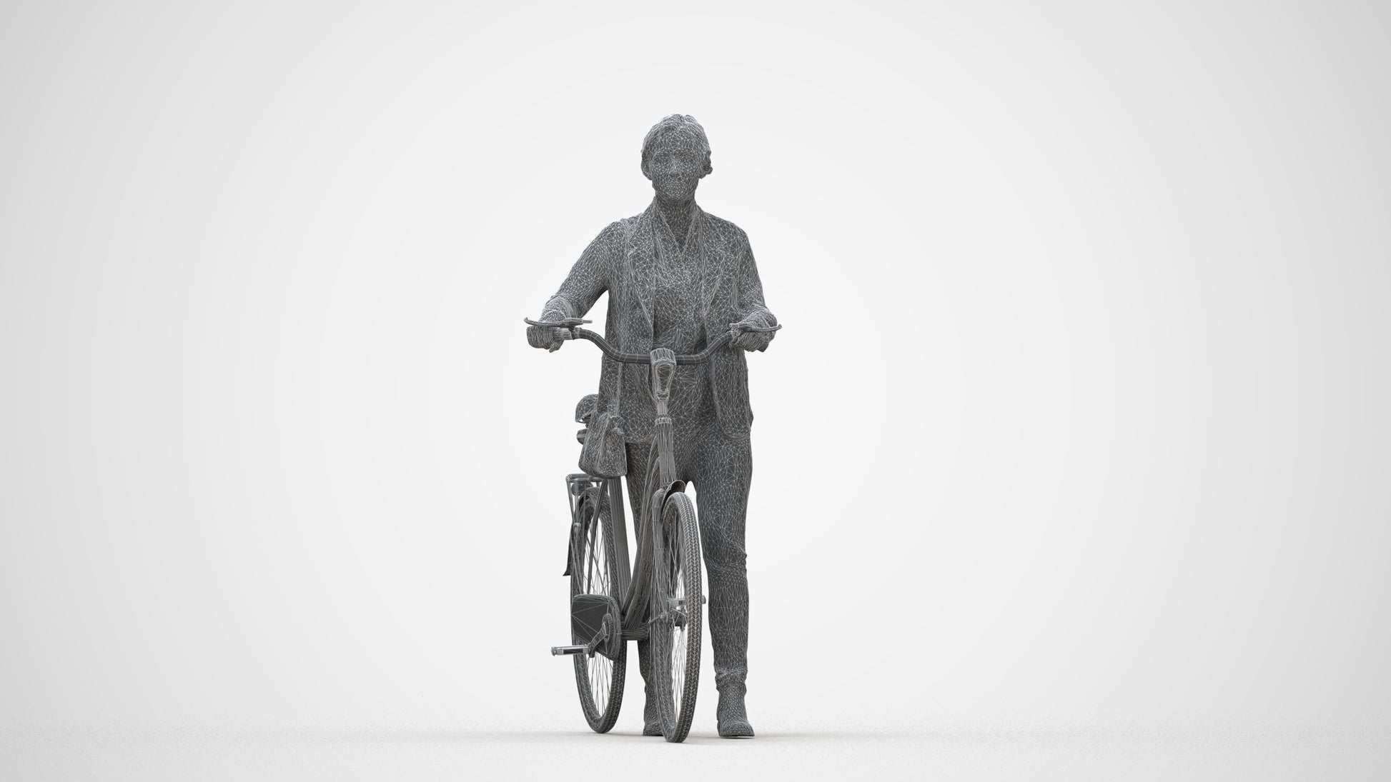 scanned 3D woman business cycling, photogrammetry people for Enscape and V-Ray, wireframe back view