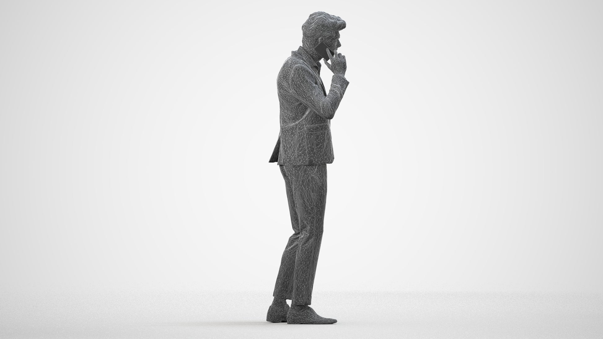 3D human model man business, photogrammetry scanned person for archviz, wireframe side view