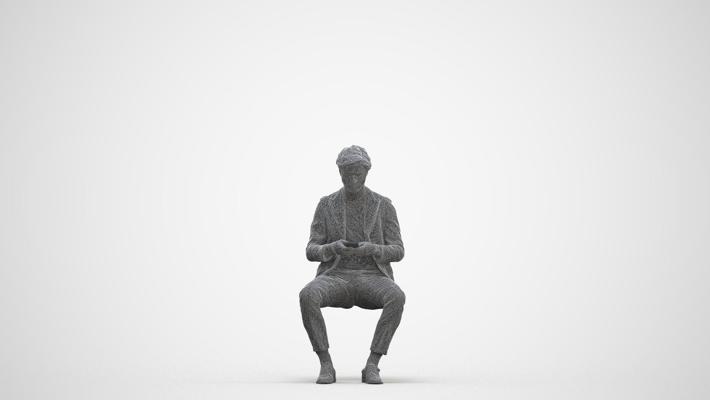 photogrammetry 3D man business sitting, realistic human model archviz FBX, three-quarter front view render