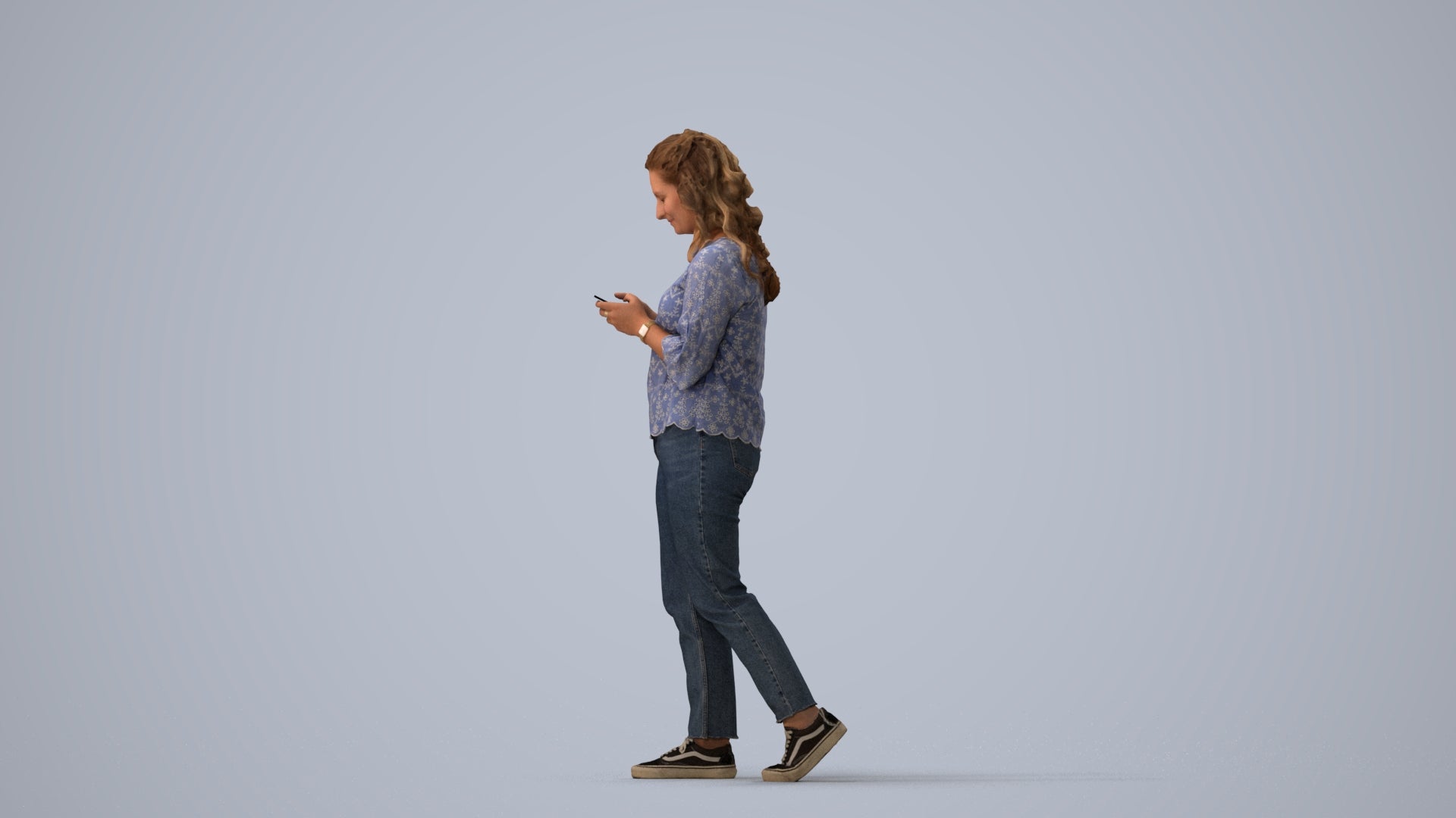 3D people model woman casual walking, scanned human for 3ds Max rendering, three-quarter view render