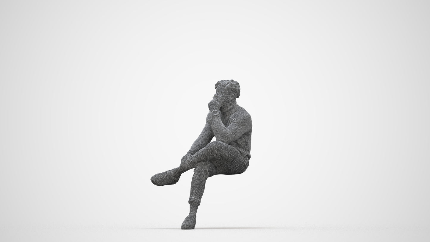 3D people model man casual sitting, scanned human for 3ds Max rendering, wireframe back view