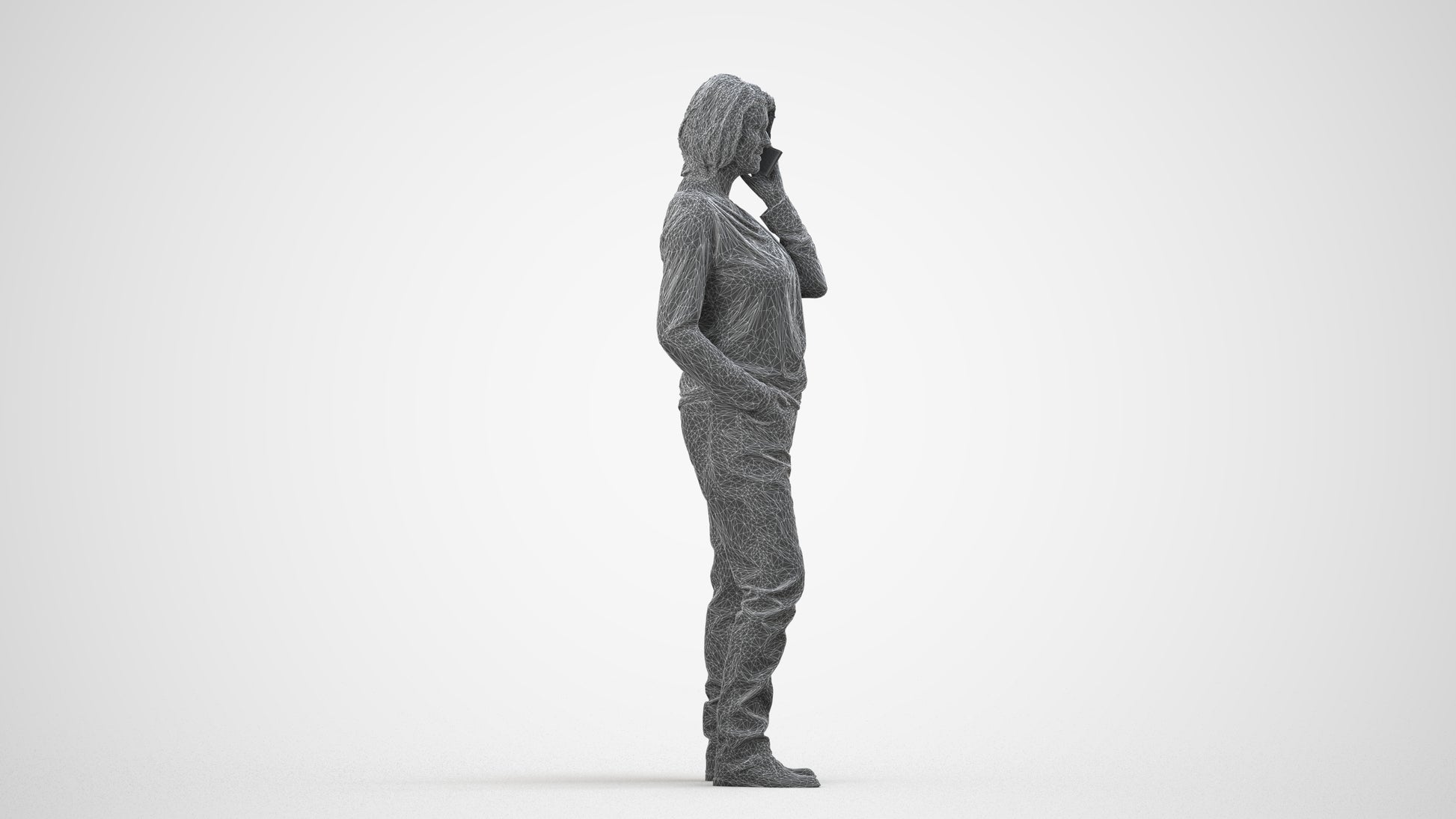 realistic 3D woman casual standing, scanned archviz people for Blender and 3ds Max, wireframe side view