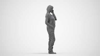 realistic 3D woman casual standing, scanned archviz people for Blender and 3ds Max, wireframe side view