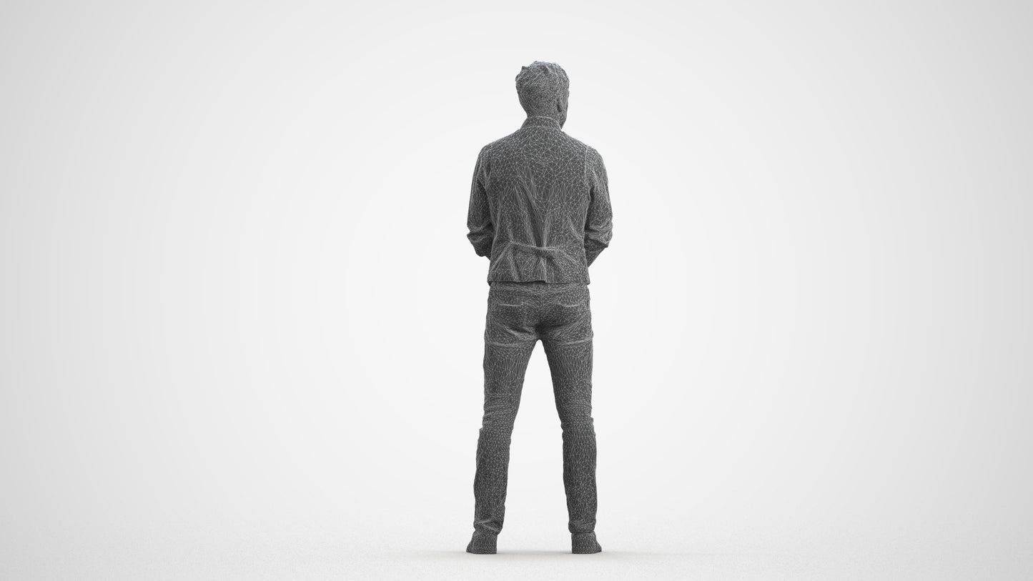 scanned 3D man casual standing, photogrammetry people for Enscape and V-Ray, wireframe front view
