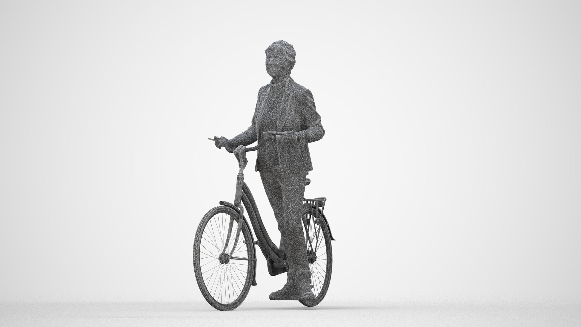 3D human model senior woman business cycling, photogrammetry scanned person for archviz, wireframe back view