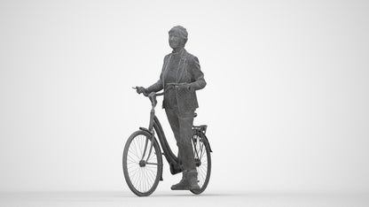 3D human model senior woman business cycling, photogrammetry scanned person for archviz, wireframe back view