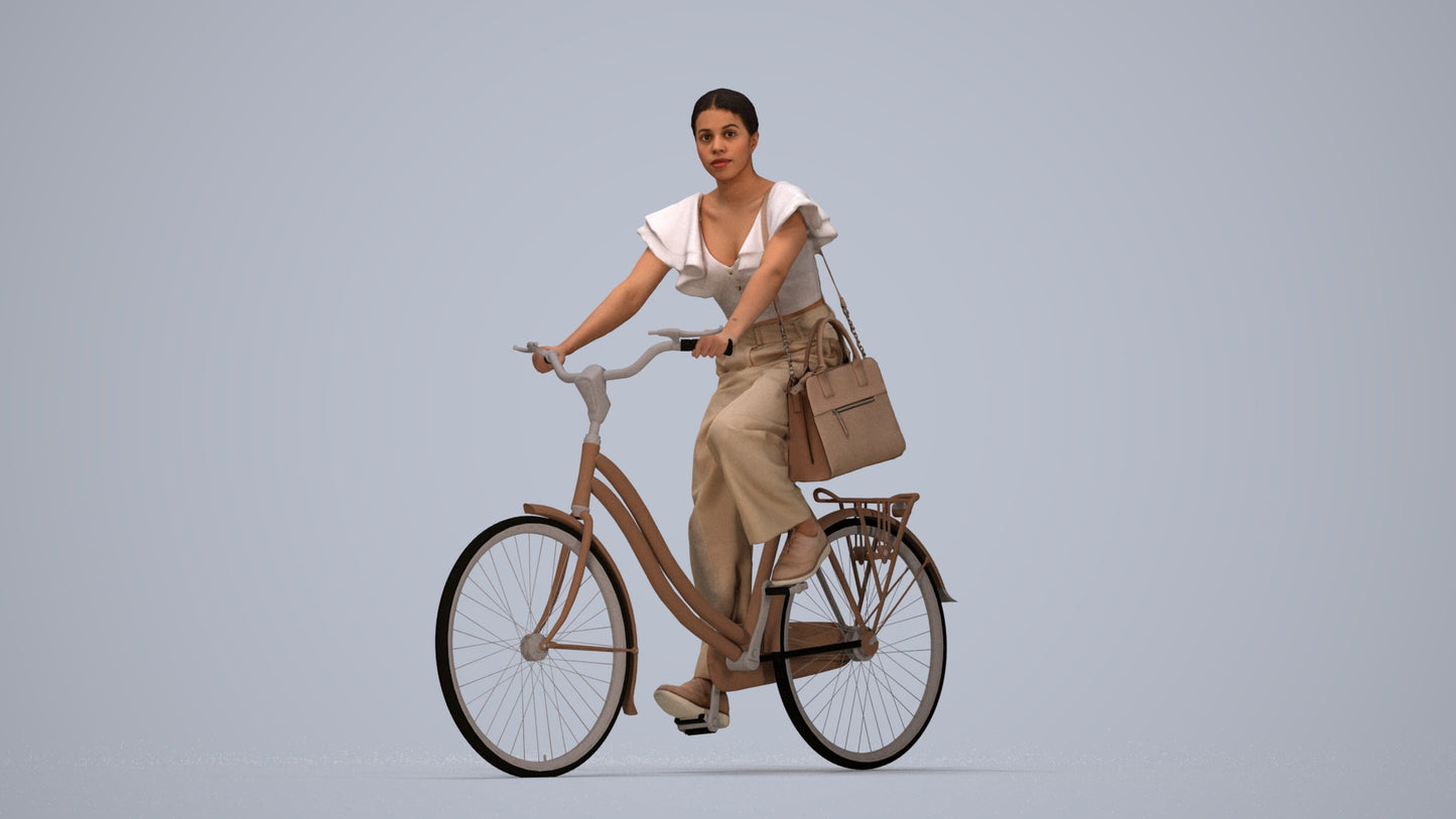 3D scanned woman cycling business, photorealistic archviz people for Enscape and SketchUp, top-down view render