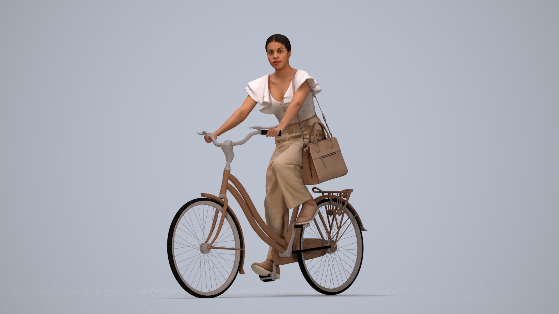 3D scanned woman cycling business, photorealistic archviz people for Enscape and SketchUp, top-down view render