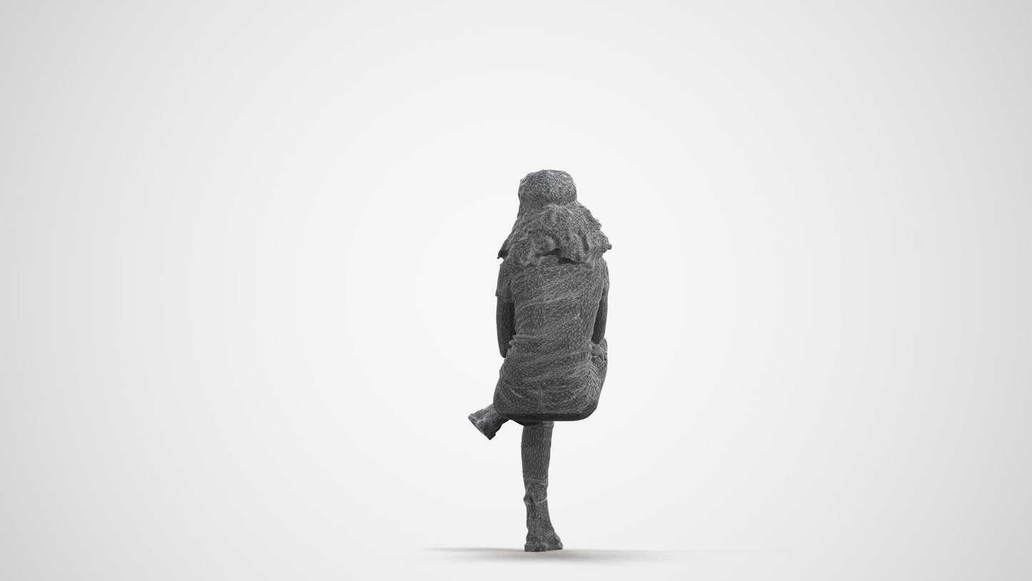 realistic 3D human woman casual sitting, archviz people FBX OBJ for Blender, wireframe front view