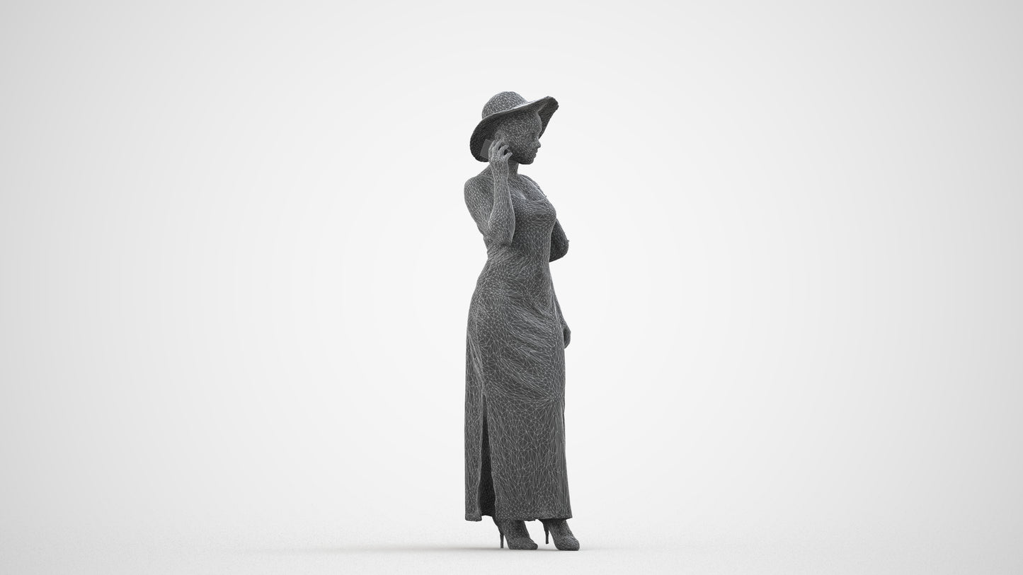 3D human model woman casual standing, photogrammetry scanned person for archviz, wireframe side view