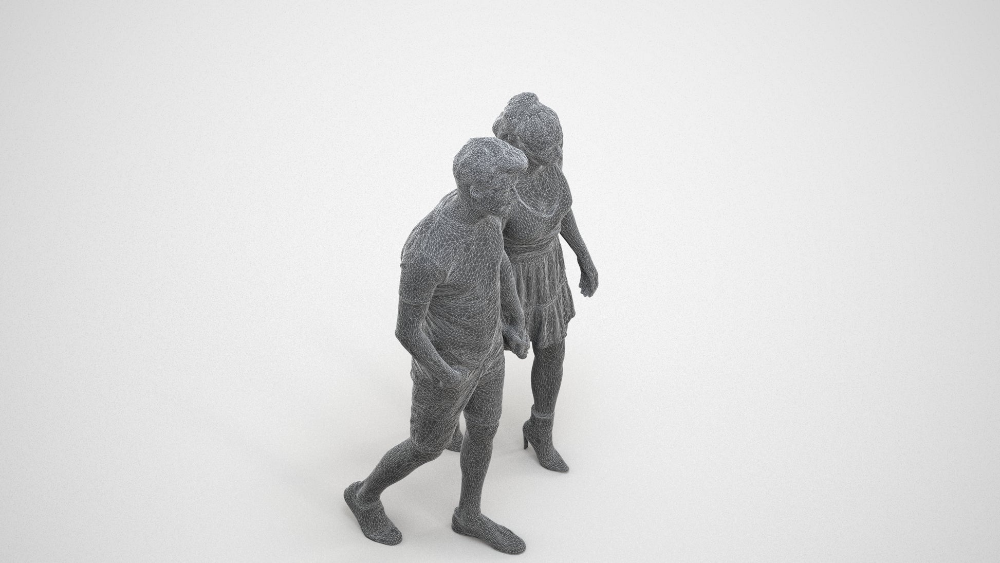 scanned 3D woman casual couple, photogrammetry people for Enscape and V-Ray, wireframe three-quarter view